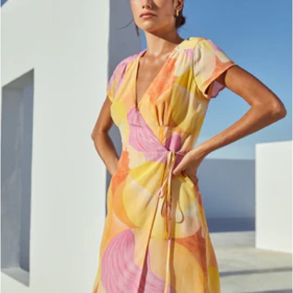 Soi Paris Pink and Yellow Midi Silk Wrap Dress